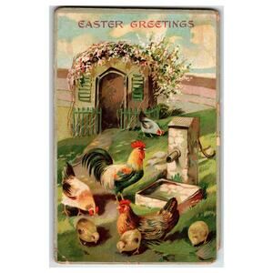 Vintage Embossed Easter Greetings Postcard Chickens Rooster Chicks Germany